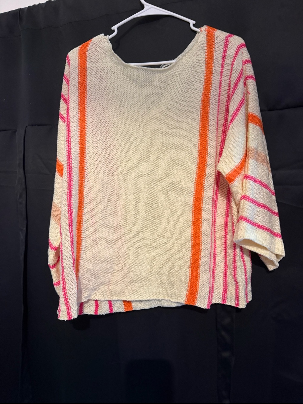 Womens Cream Striped Knit Sweater with Pink & Orange Accents
